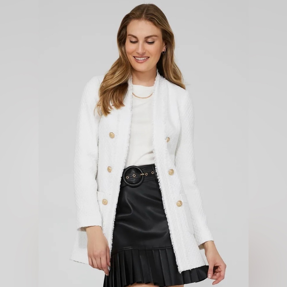 Suzy Shier Long Open Boucle Blazer jacket With Fringe gold buttons size small
